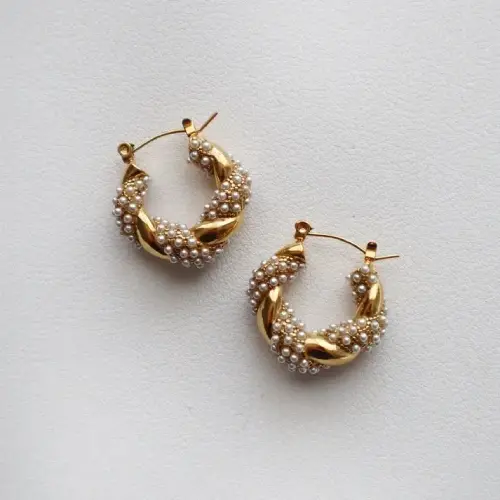 Stainless steel twisted pearl statement hoop earrings