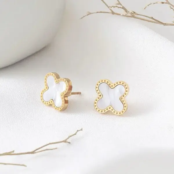 Stainless steel four leaf white clover stud