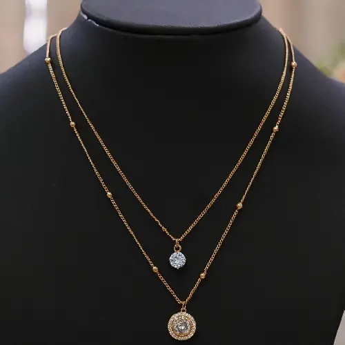 Stainless steel double chain rose gold round pendant